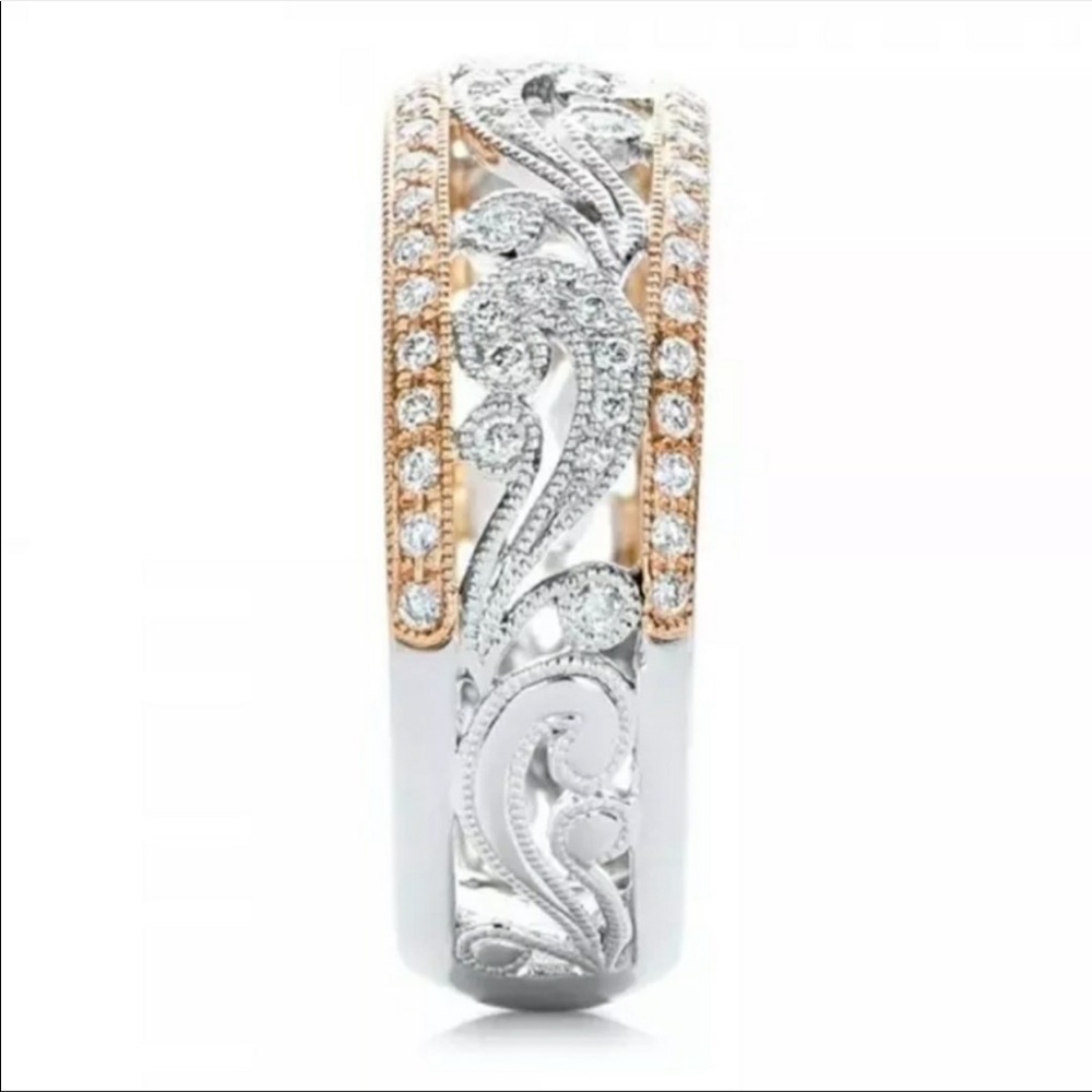 Two Tone Silver & Rose Gold Filigree Wedding Band - Picture 4 of 4